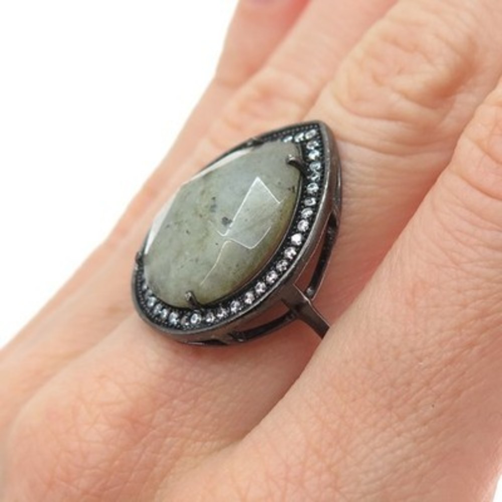 925 Sterling Silver Black Rhodium Real Labradorite & C Z Teardrop Ring Size 9.25 - Picture 2 of 8
